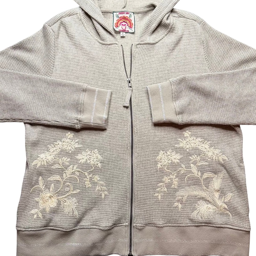 Johnny Was Metallic Waffle Knit Embroidered Full Zip Thermal Hoodie Boho Silver